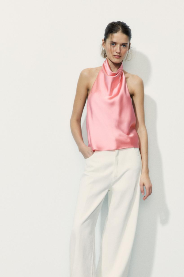 Halter Neck Sculpted Satin Top