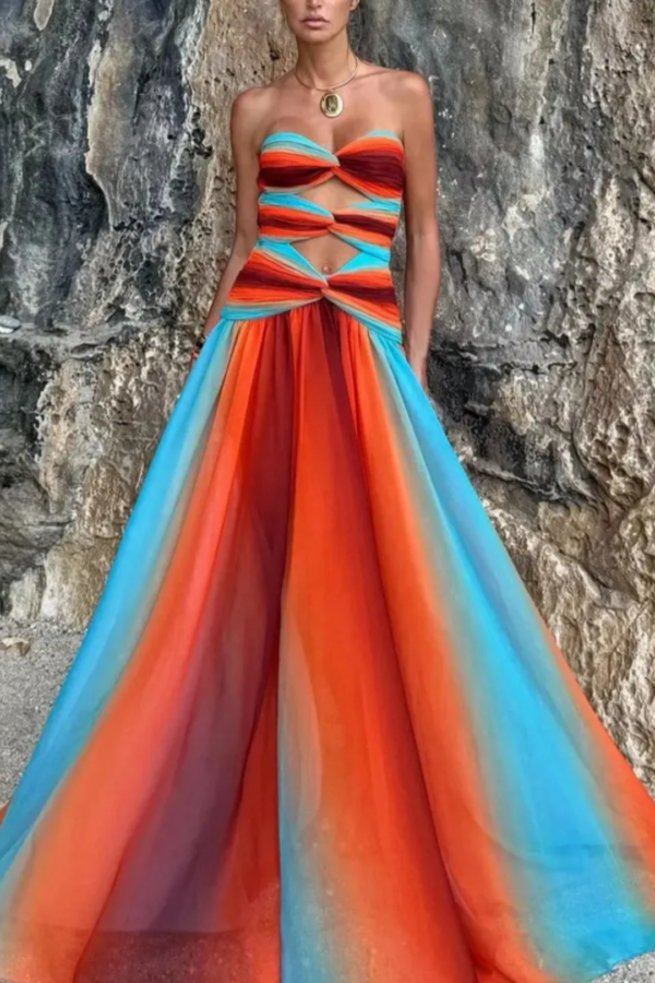 Rainbow Stripe Cut-Out One-Piece Swimsuit & Maxi Skirt Set