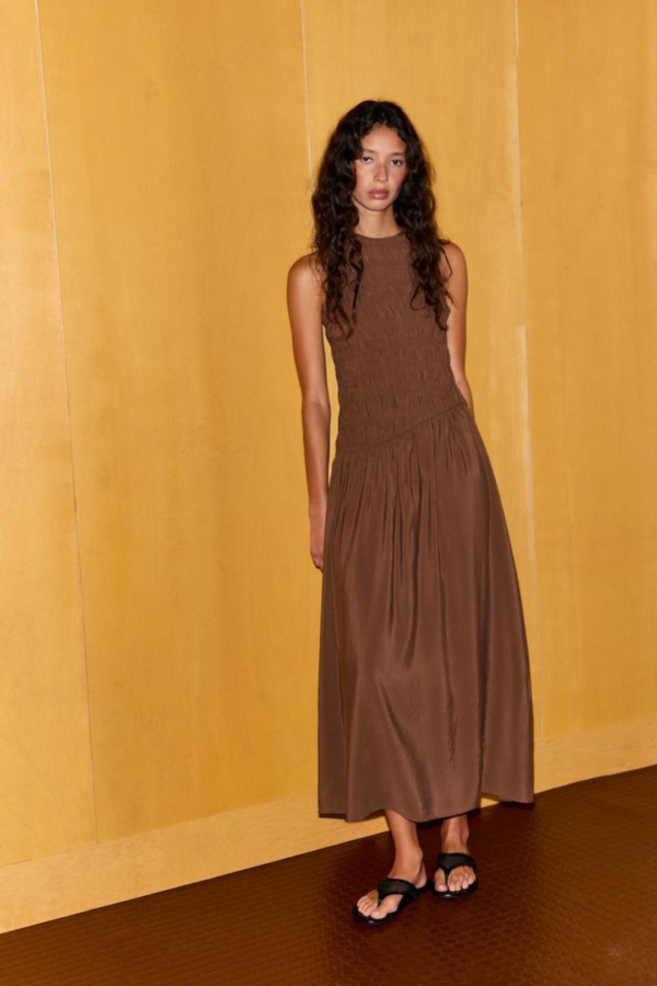Cocoa Brown Ruched Maxi Dress