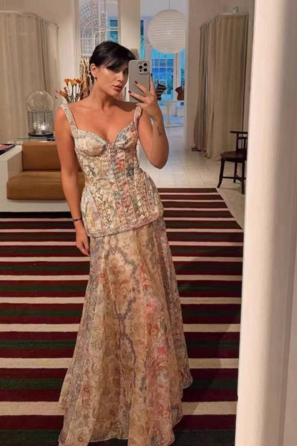 Boho Floral Bustier Top with A-Line Maxi Skirt