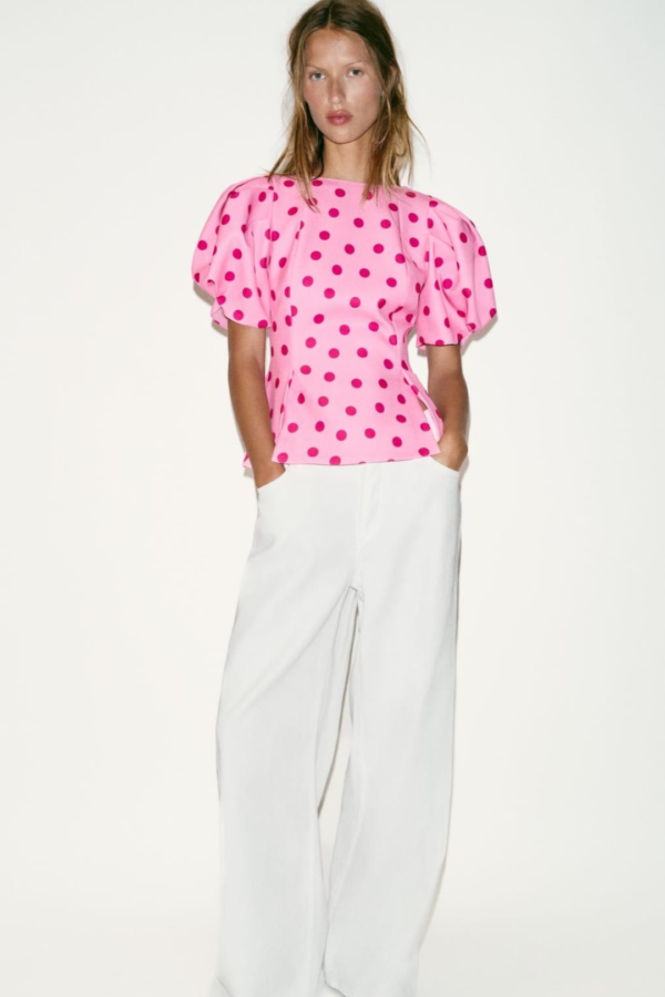 Pink Polka Dot Puff Sleeve Top
