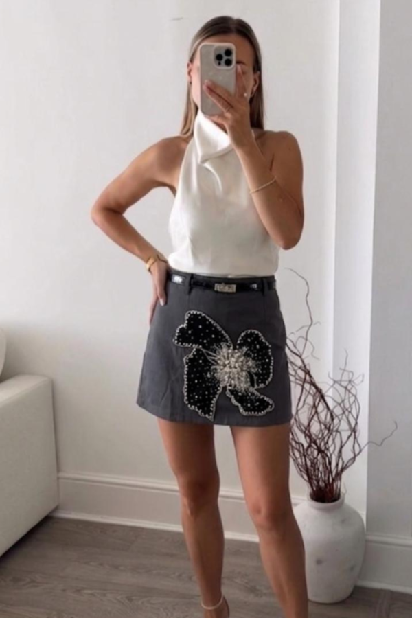 A-Line Skirt with Crystal Flower Embellishment