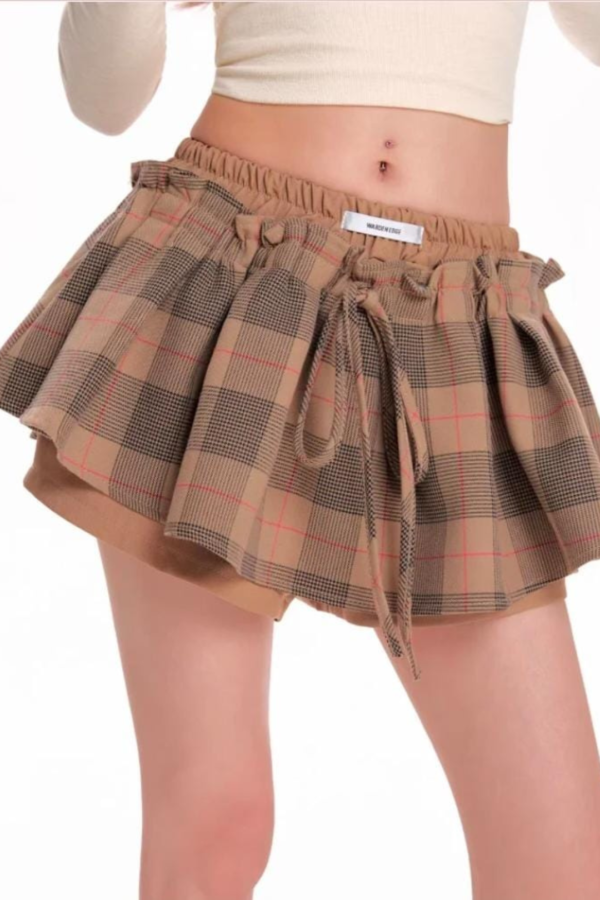 Brown Plaid Tie-Waist Flared Skirt