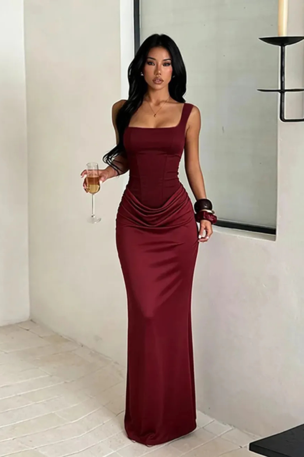 Square Neckline Fitted Satin Maxi Dress
