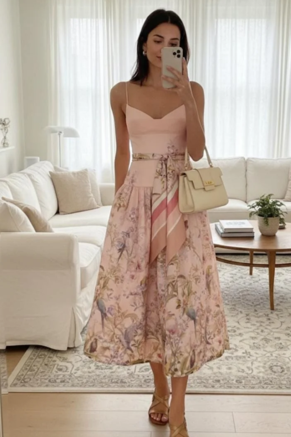 Blush Bird & Floral Print Flowy Midi Dress